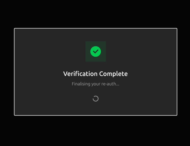 Re-auth success screen